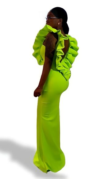 Powerful <h4 id='idTitleSubProduct'> Blush neon-green ruffle-top open-back scuba party dress</h4>