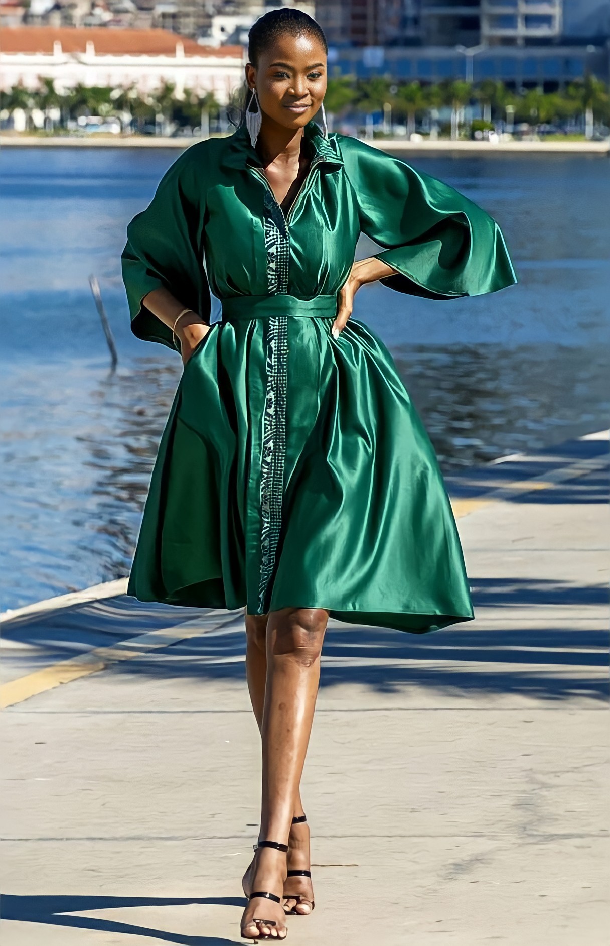 Kisha Blush wide-sleeve green-satin pocket blazer dress - Blushouse