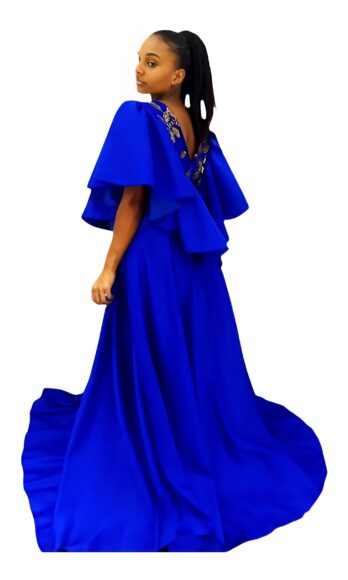 Vanessah <h4 id='idTitleSubProduct'> Blush glitter-lace top ruffle-sleeves maxi ball-skirt blue satin party gown</h4>