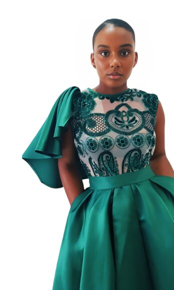 Butterfly <h4 id='idTitleSubProduct'>Blush glitter-tulle mesh one-side ruffle-sleeve green-satin party dress</h4>