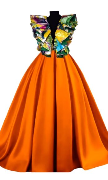 Amazonia Set Orange <h4 id='idTitleSubProduct'> Blush ruffle-top ball-pocket skirt orange satin maxi set</h4>
