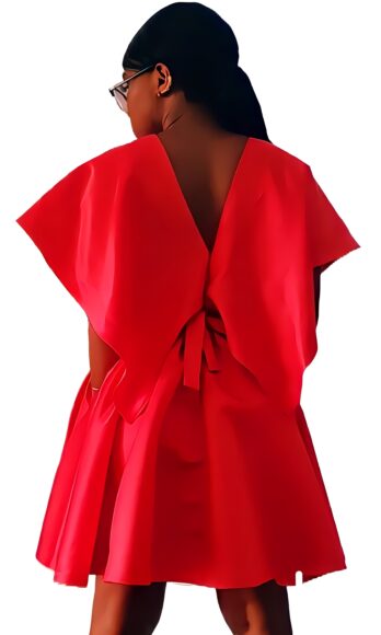 Red Rose <h4 id='idTitleSubProduct'> Blush loose-sleeve pocket-skirt removable-belt red satin party dress</h4>
