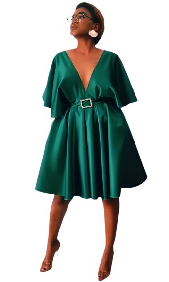 Caroline <h4 id='idTitleSubProduct'> Blush loose-sleeve pocket-skirt removable-belt green satin party dress</h4>