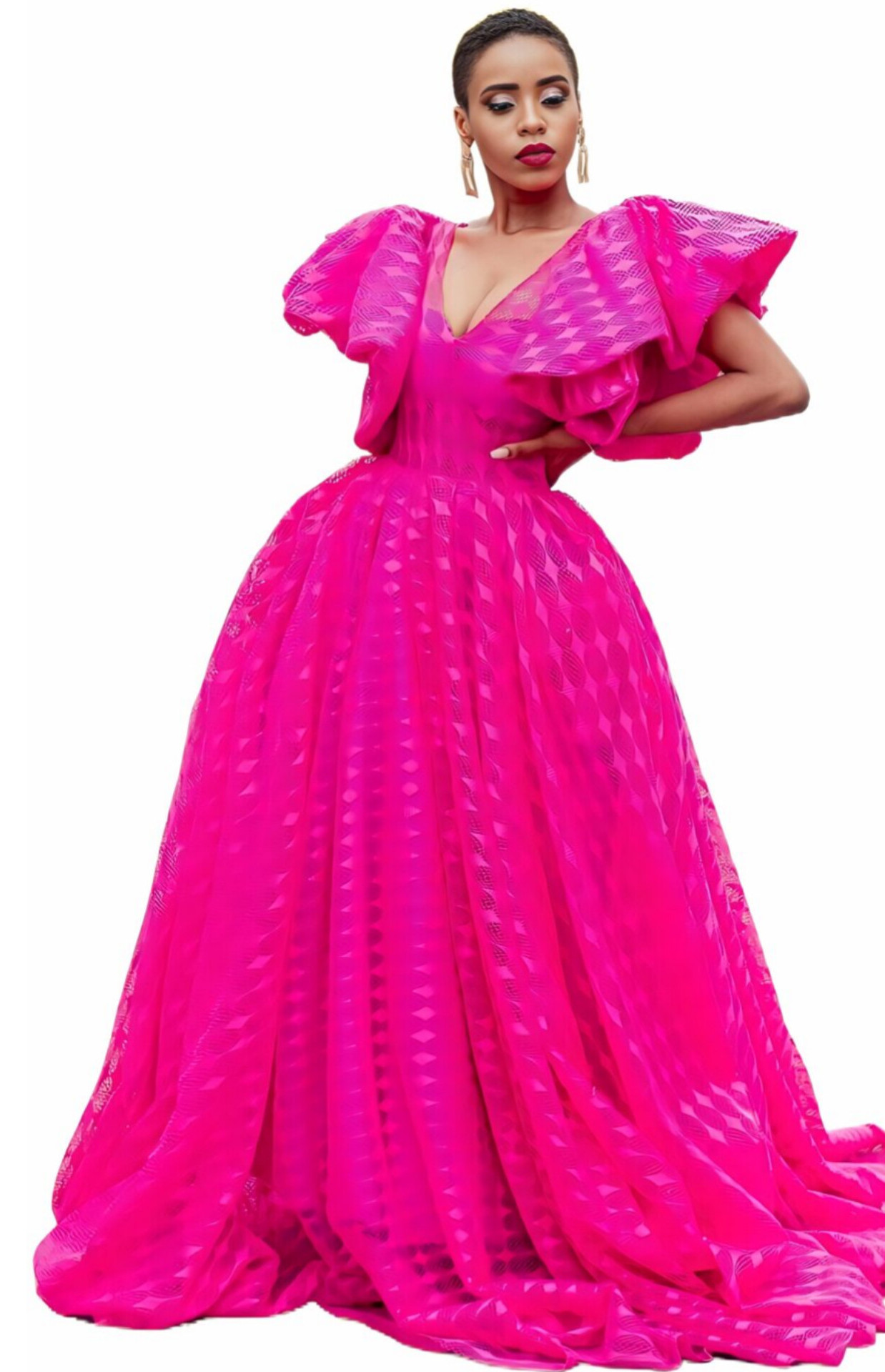 Porcelana <h4 id='idTitleSubProduct'>Blush pink lace ruffle-sleeves pocket-skirt long dress</h4>