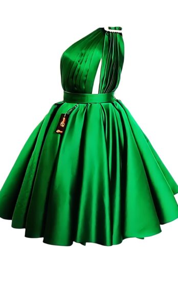 Rosetta <h4 id='idTitleSubProduct'> Blush one shoulder diamond-buckle pocket-skirt green satin dress</h4>