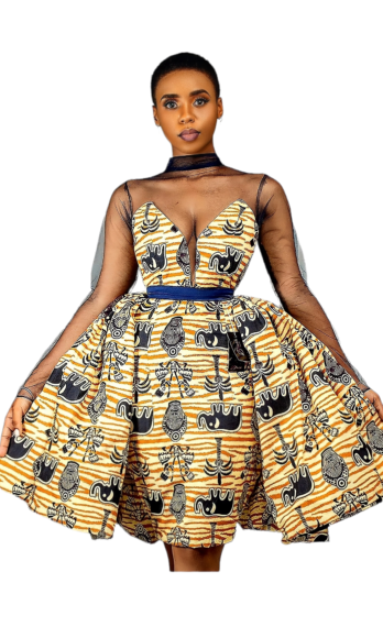 Naomi <h4 id='idTitleSubProduct'> Blush african-print skirt-train tulle-mesh long-sleeves tight cotton party dress </h4>