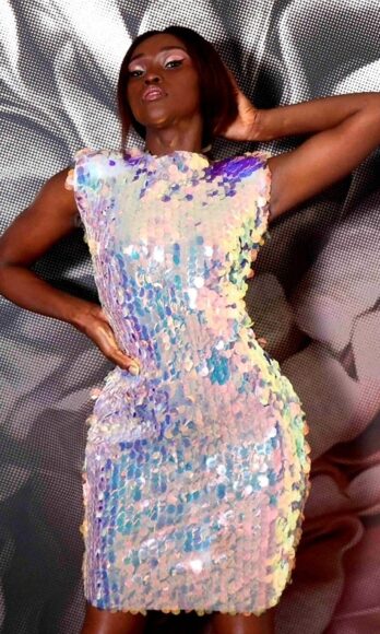 Glitter Disco <h4 id='idTitleSubProduct'> Blush holographic-sequined sleeveless mini dress</h4>