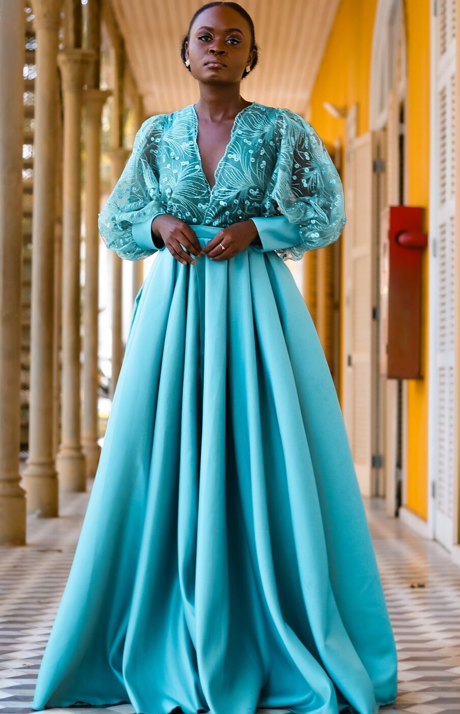 Claudia Blush lace-top puff-sleeve ellegant turquoise-gown - Blushouse
