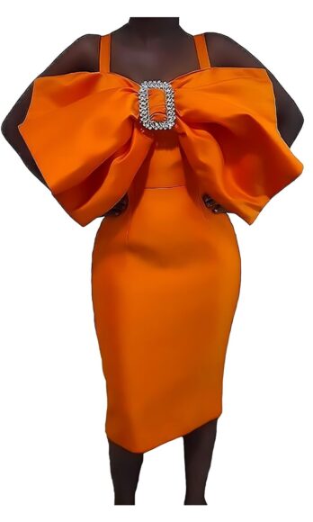 Queen <h4 id='idTitleSubProduct'>Orange- maxi bow diamond-buckle satin midi dress</h4>