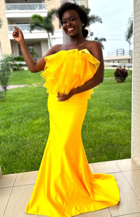 Blush sleeveless yellow-mermaid ruffle-top satin evening-gown