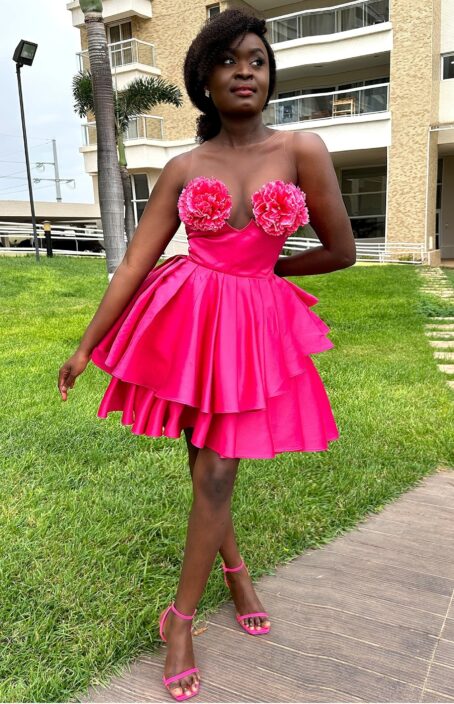 Eveline Flower Pink bust-flowers tulle-mesh chest double-skirt satin party mini dress
