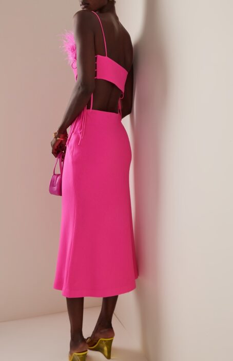 Rosette Open-bust pink-feathers sleeveless bandage party dress