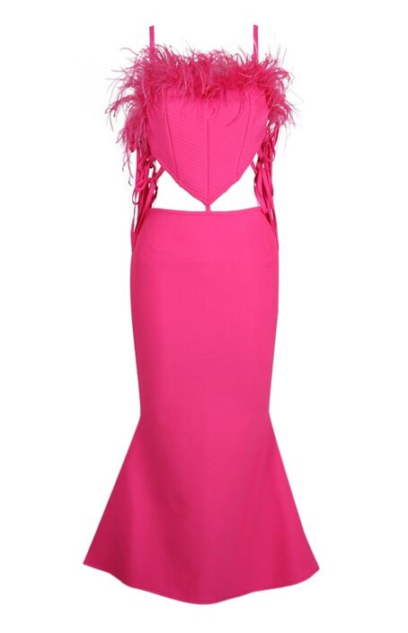 Rosette Open-bust pink-feathers sleeveless bandage party dress